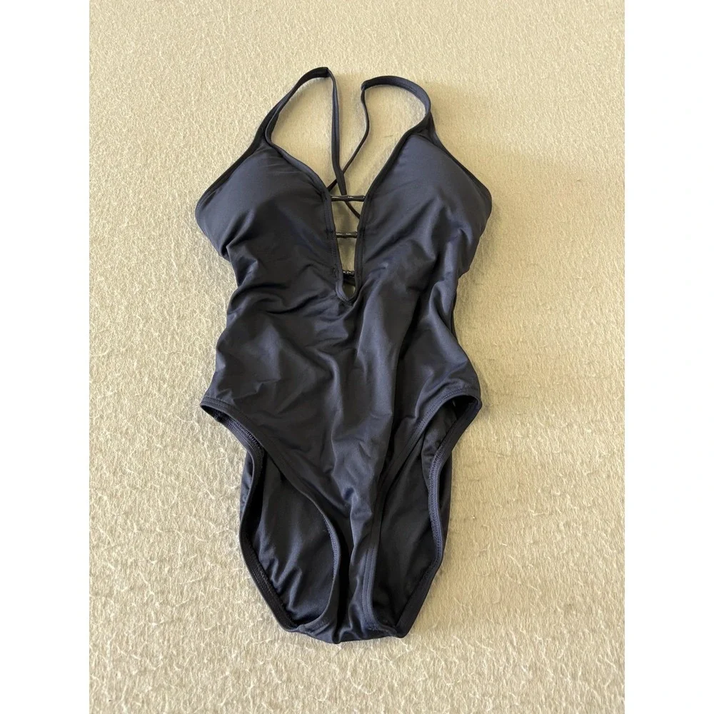 Carmen Marc Valvo‎ Swimsuit Womens 6 Blue One Piece Deep Plunge Strappy Back